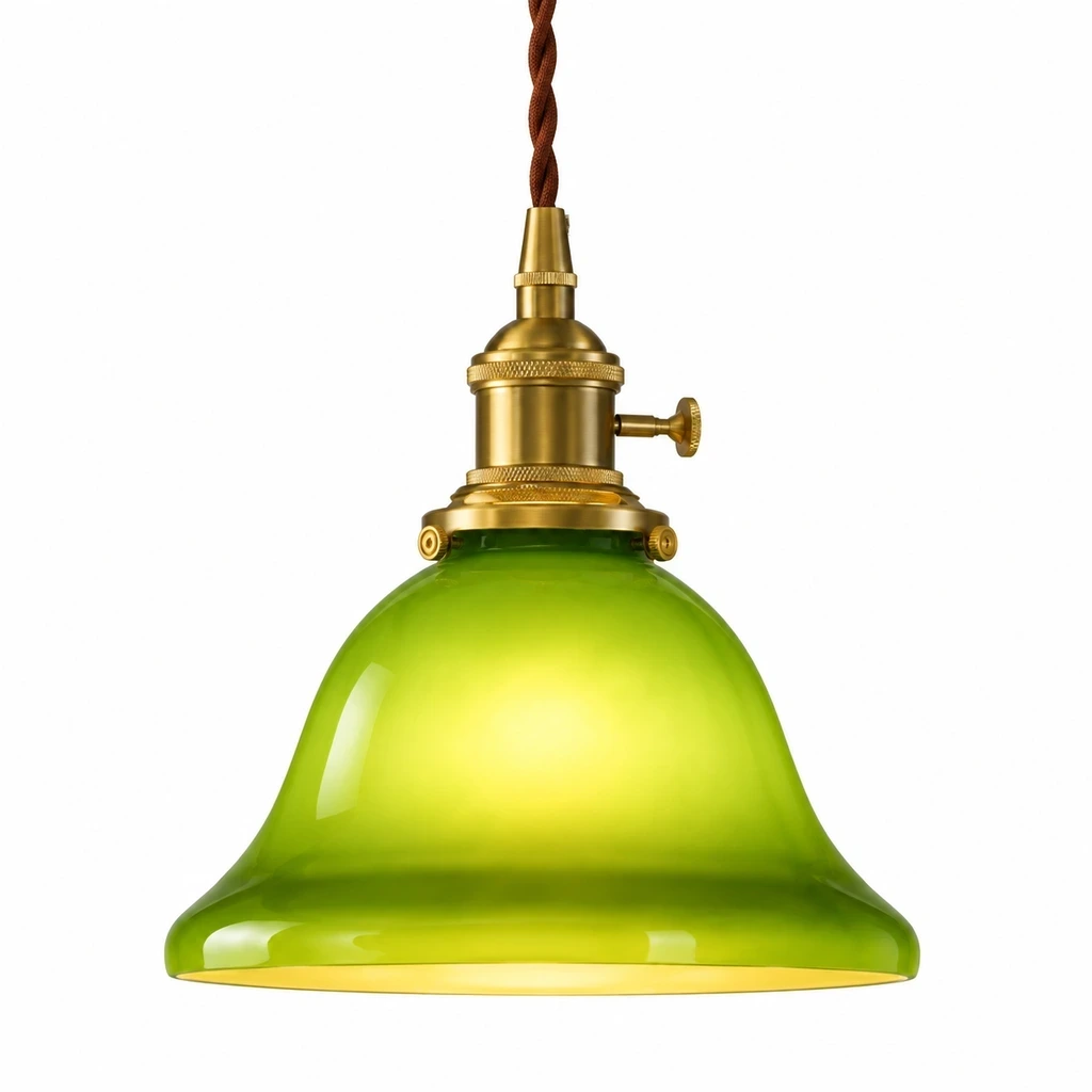 Close view of green glass shade and brass socket fittings