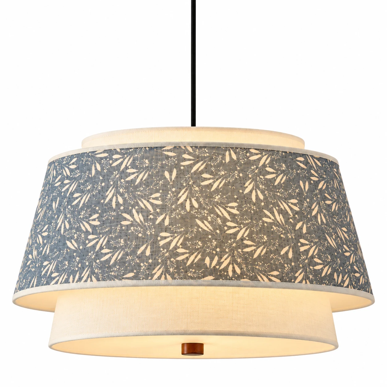 Liora Vintage Double-Tier Fabric and Wood Pendant Light, Blue Floral, on a clean white background