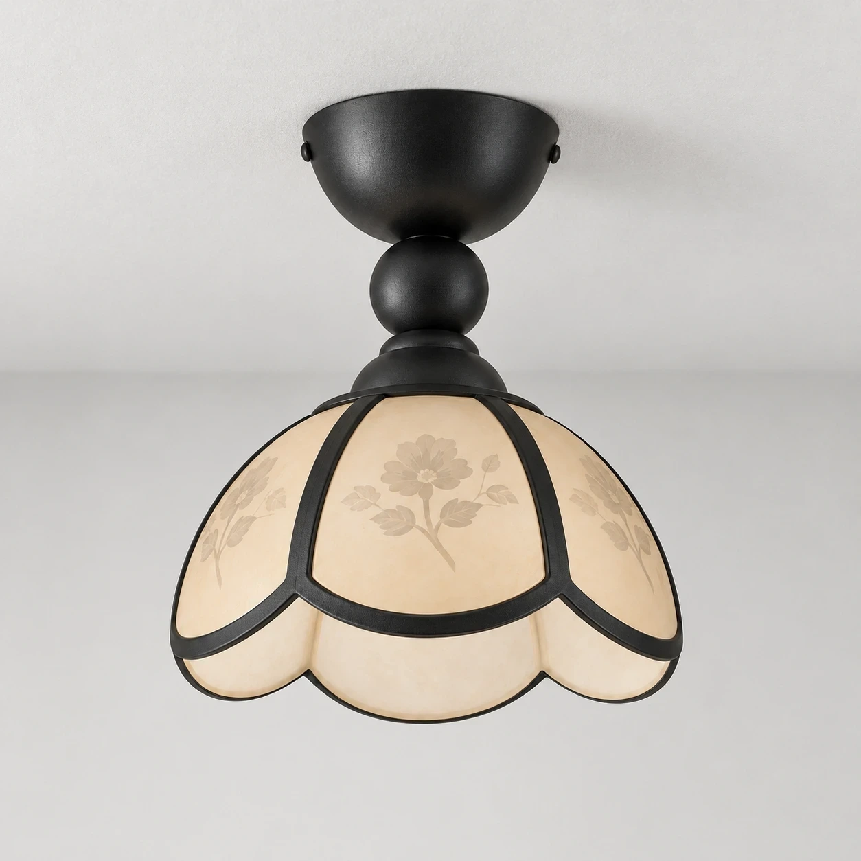 Vintage petal acrylic flush mount ceiling light switched off in a neutral studio