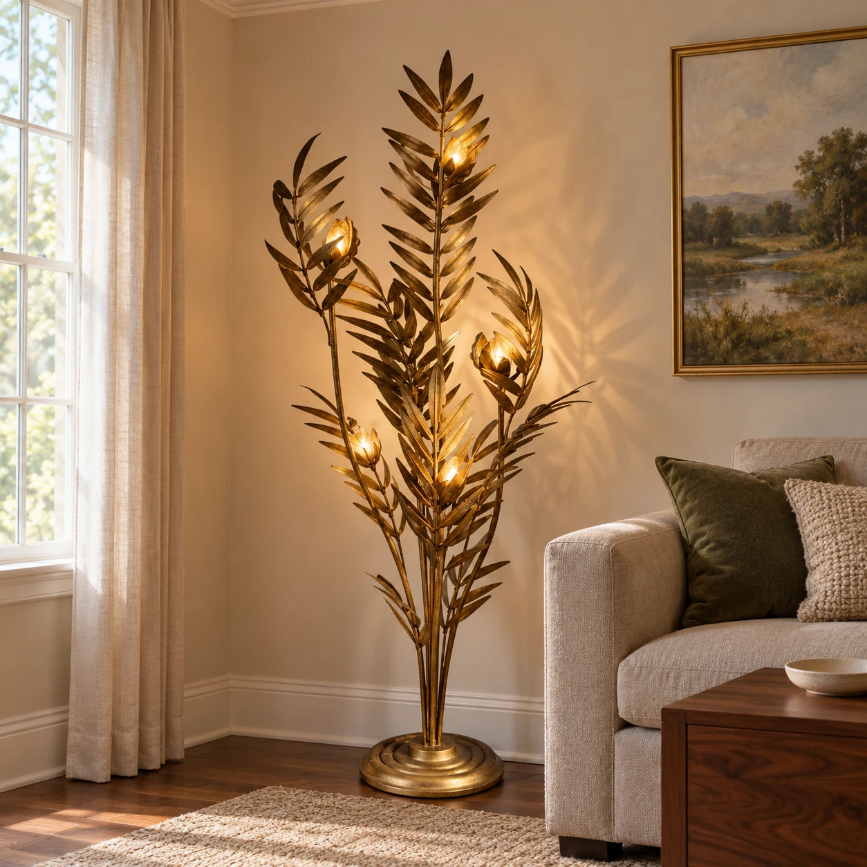 Liora gold palm leaf floor lamp beside a living room sofa