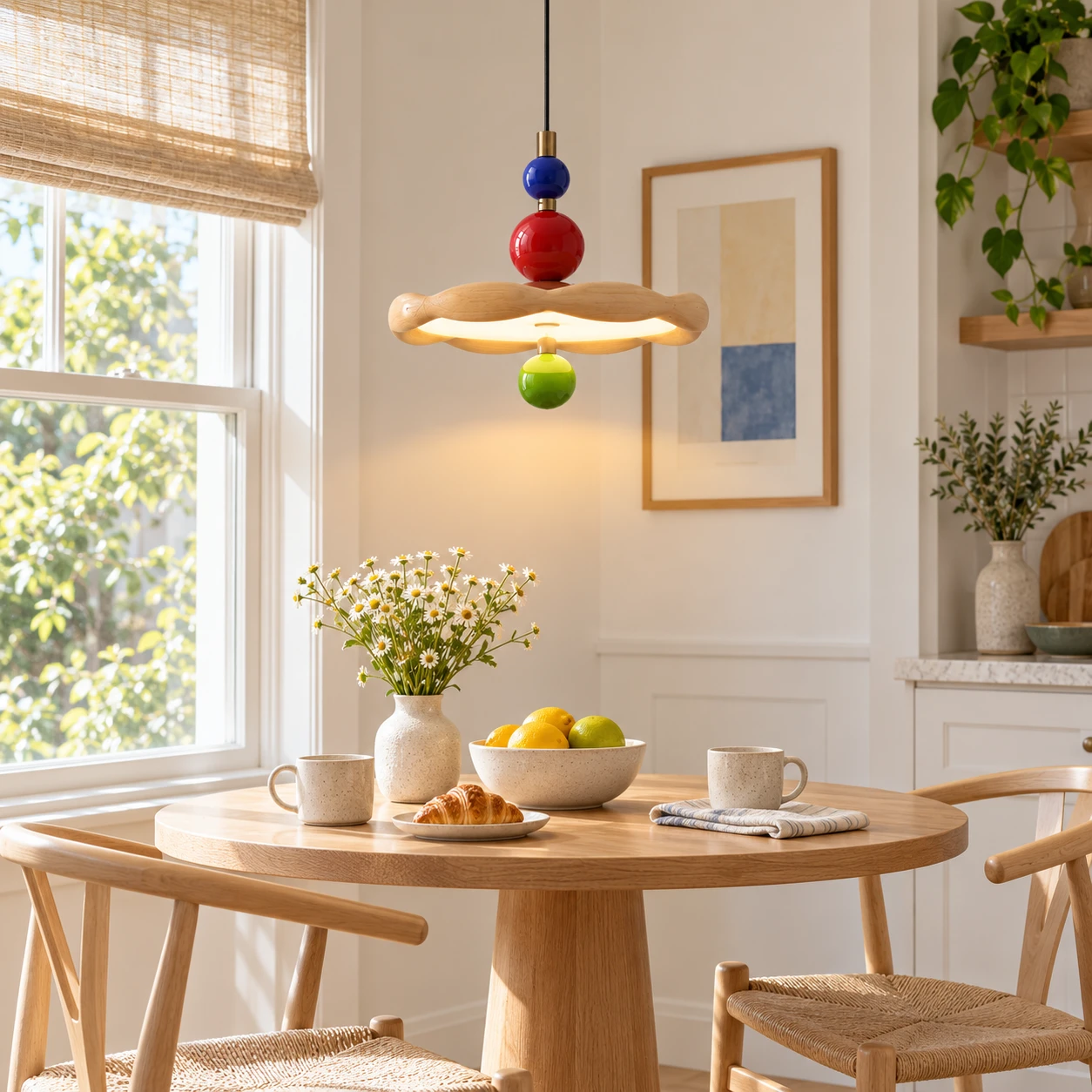 Jasper pendant over a bright breakfast nook table