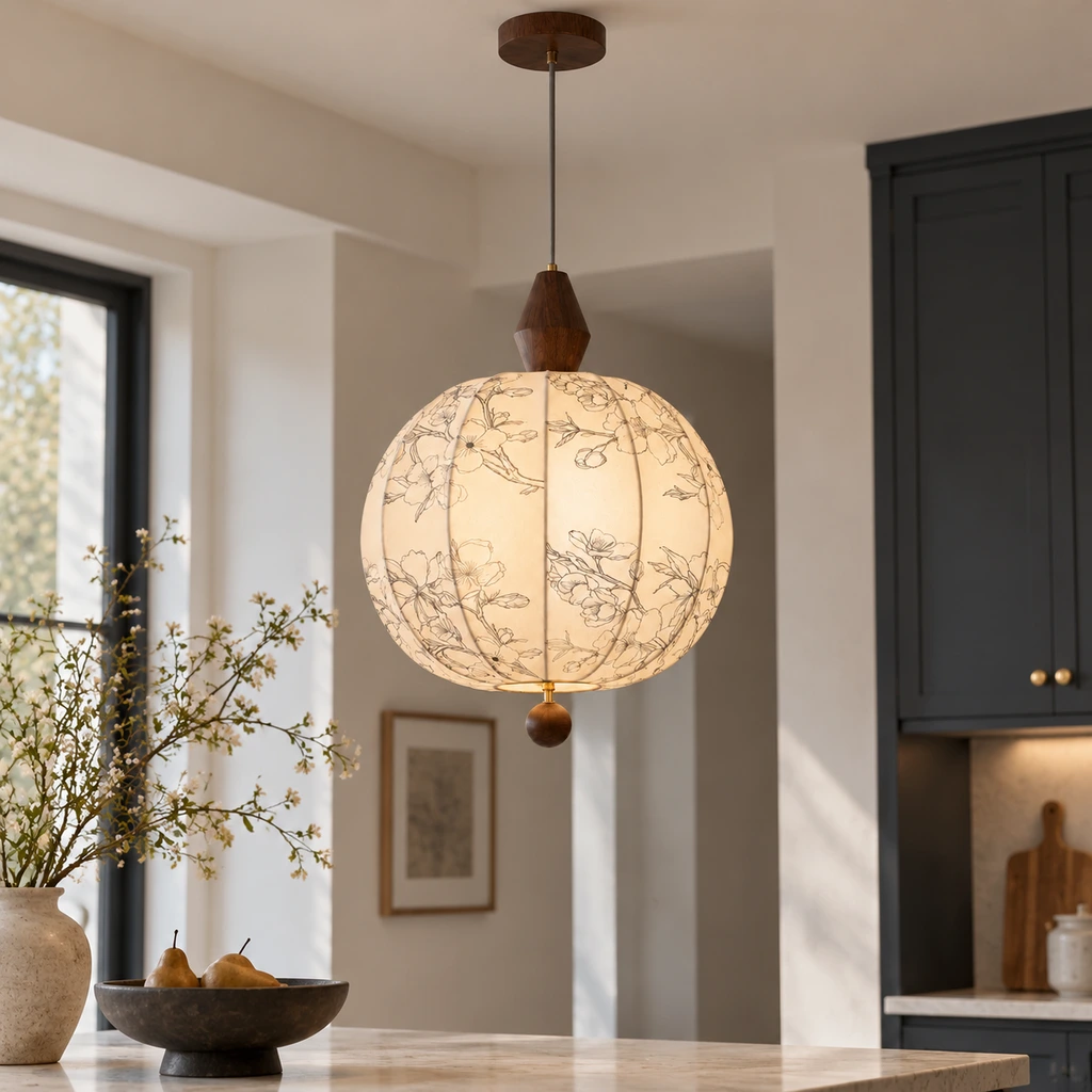 Amelia American Vintage Floral Wood & Fabric Pendant Light product image 6