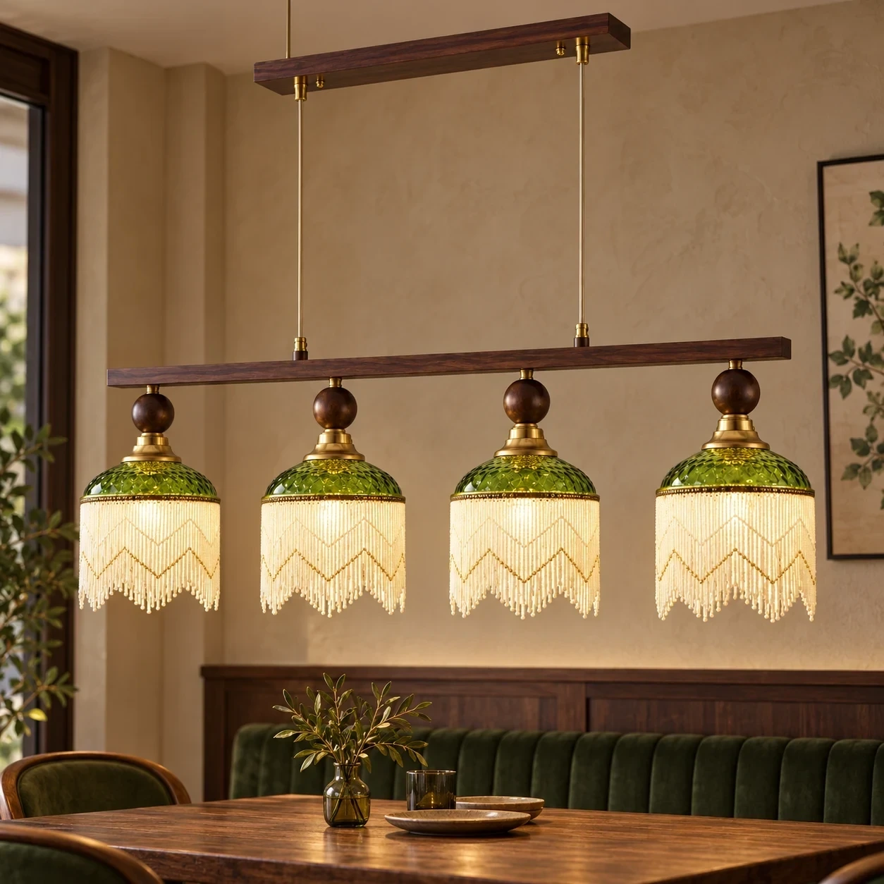 Wushlp Vintage Four-Light Green Glass Linear Pendant Light in a hospitality setting