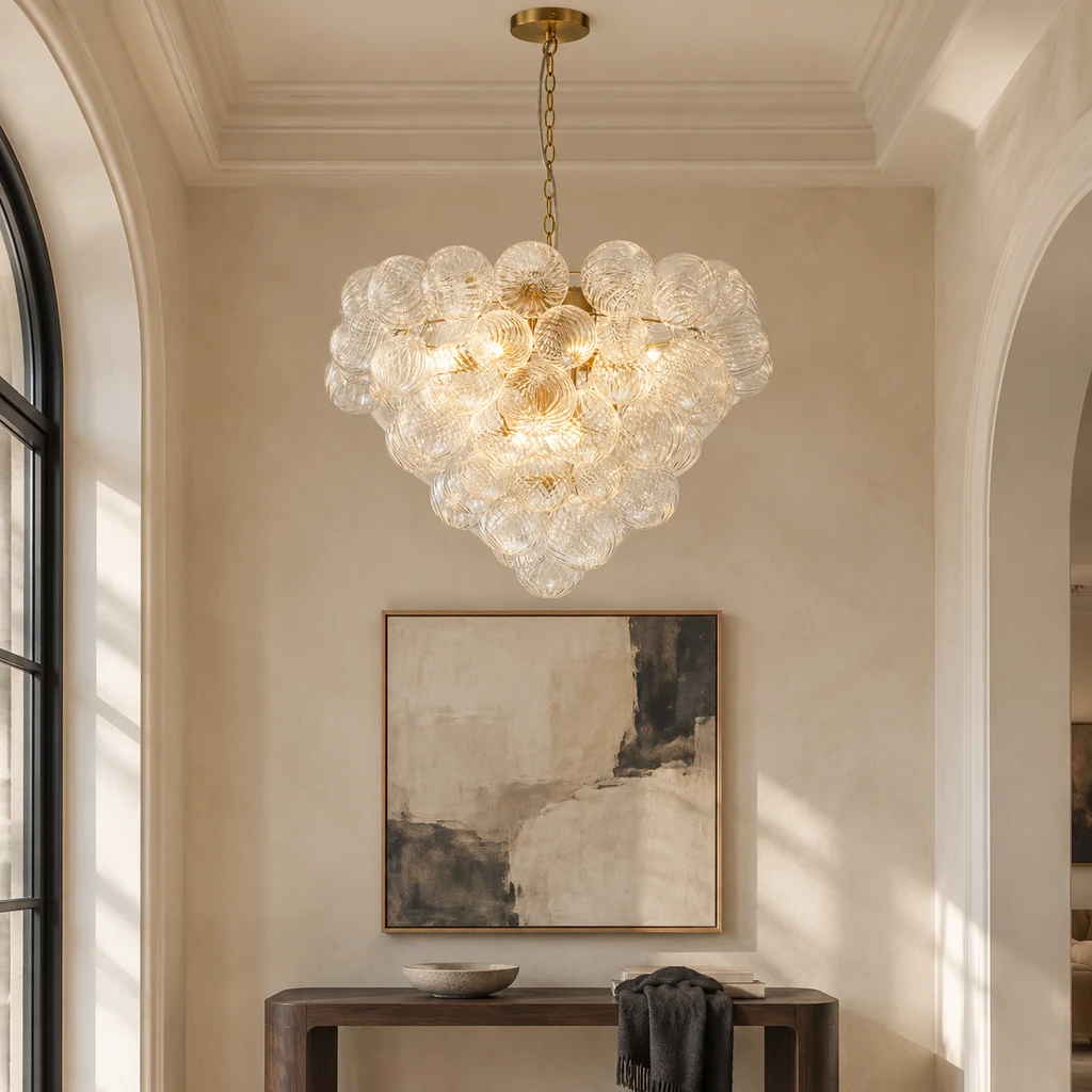 Amelie chandelier suspended above a foyer console zone