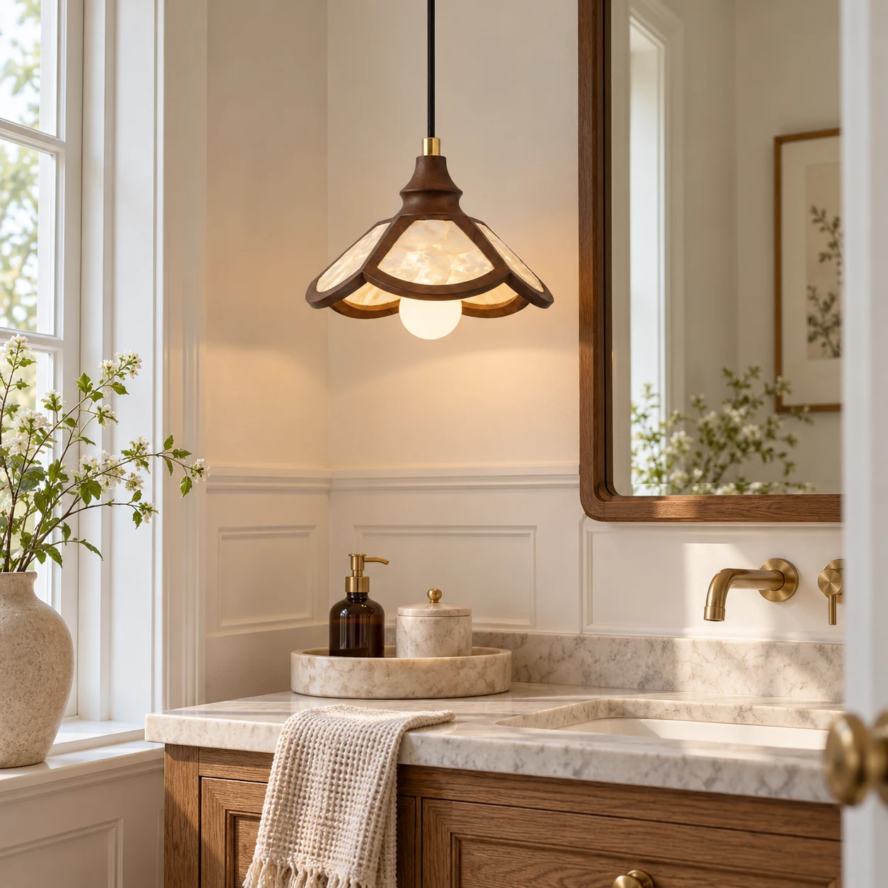 Vintage petaled shell pendant at a powder vanity