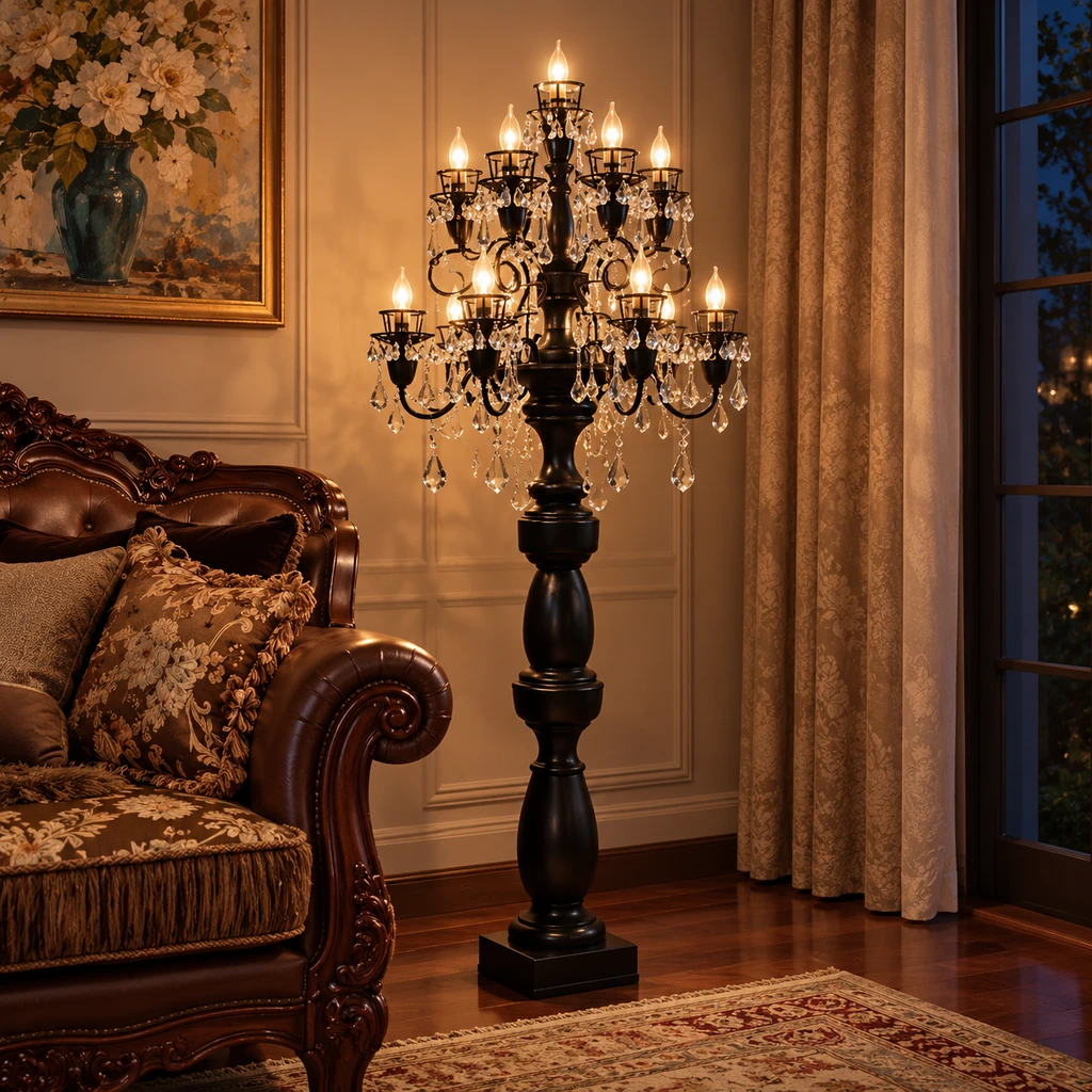 Celeste floor lamp glowing in an evening living corner