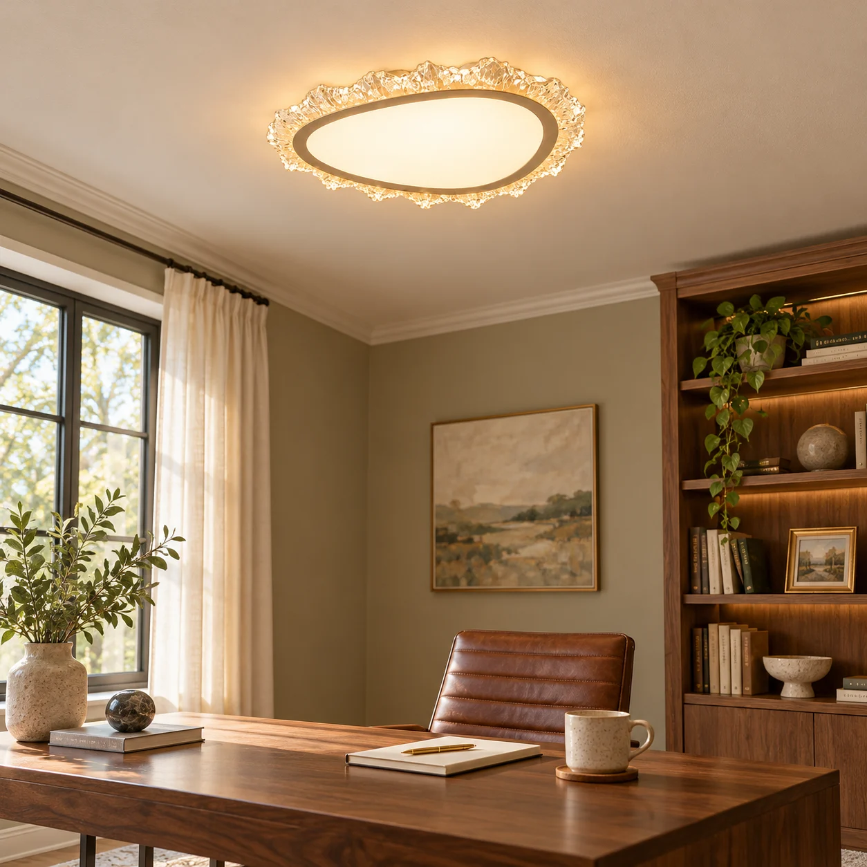 Aurora flush mount in a calm study at correct scale