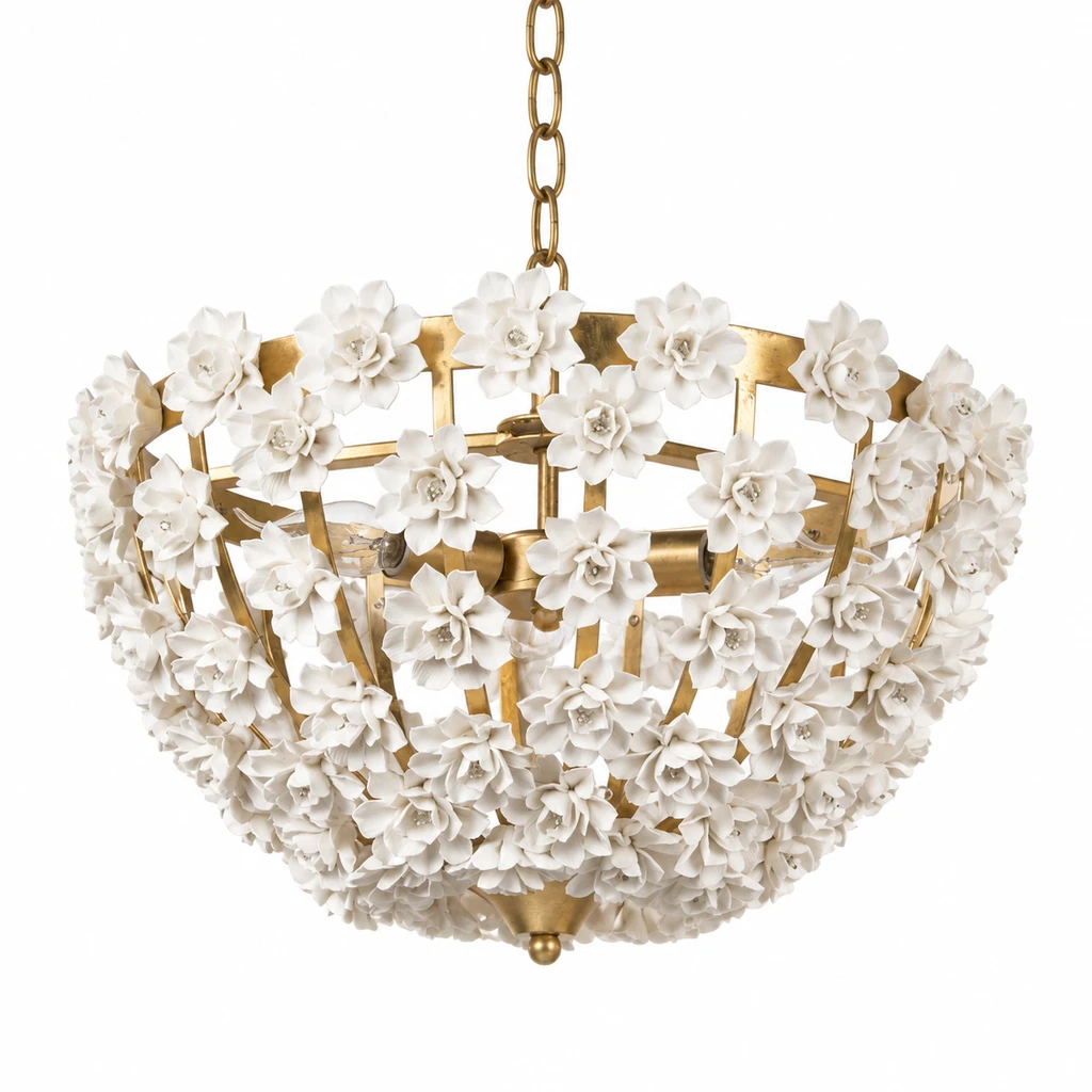 Gold floral bowl chandelier on white