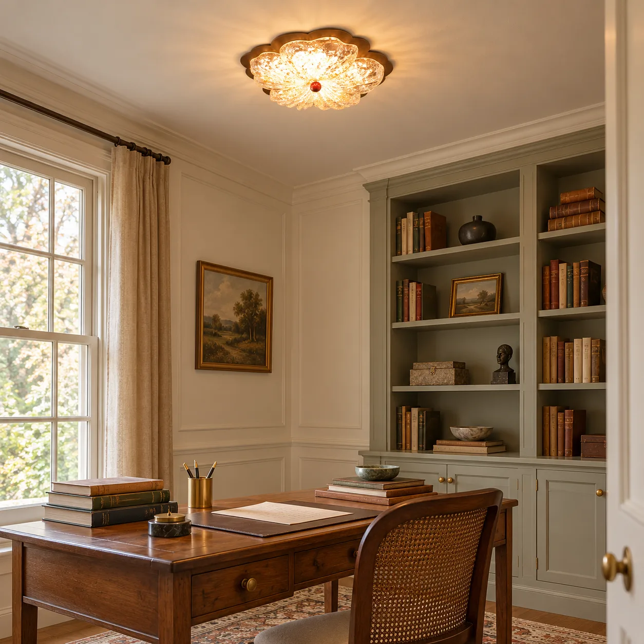 Coffee floral flush mount in a study