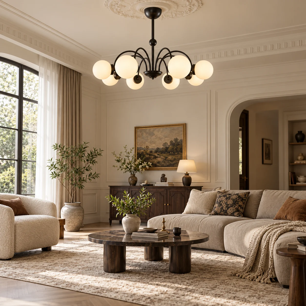 Elise French Vintage Black Glass Globe Chandelier in a living room
