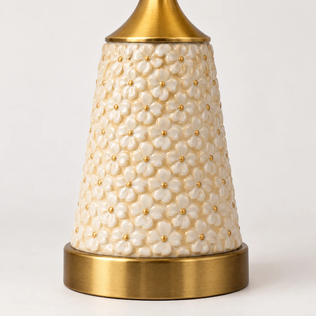 Close detail of the ceramic lower body and brass base
