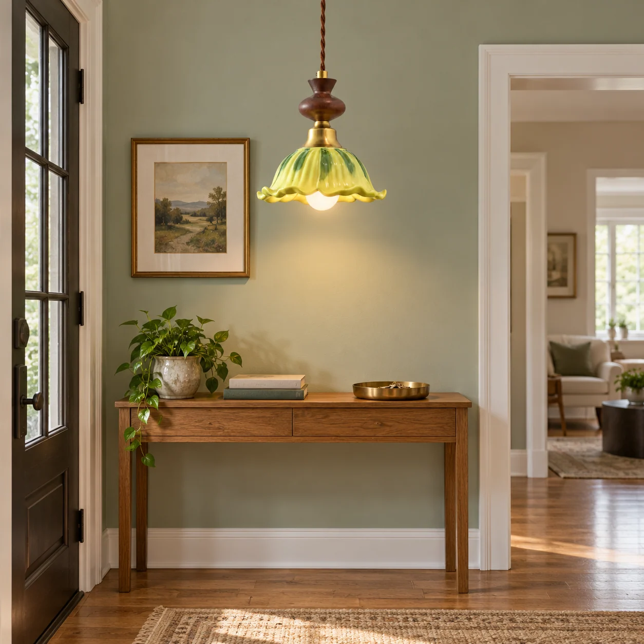 Vintage green ceramic wood pendant in entry