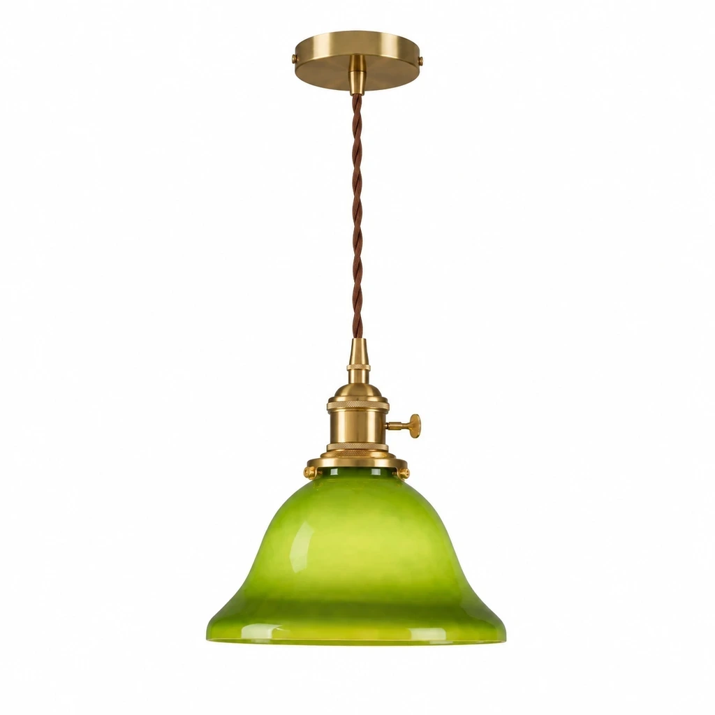 Complete green glass pendant with brass canopy on white