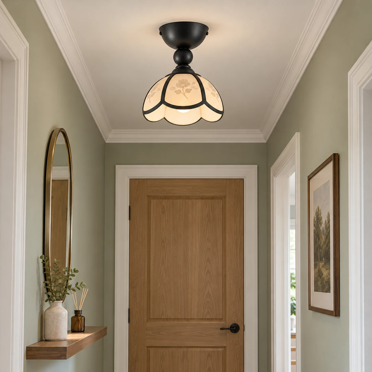 Vintage petal acrylic flush mount ceiling light in a sage hallway