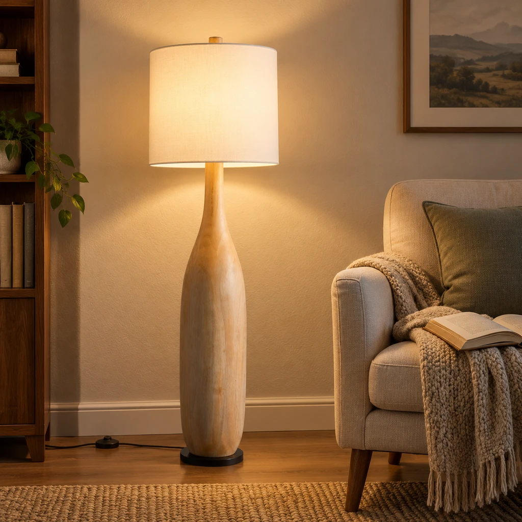 Amelia American Rustic Turned Wood and Fabric Floor Lamp, Natural Wood - 45 cm wide x 160 cm high, evening room setting