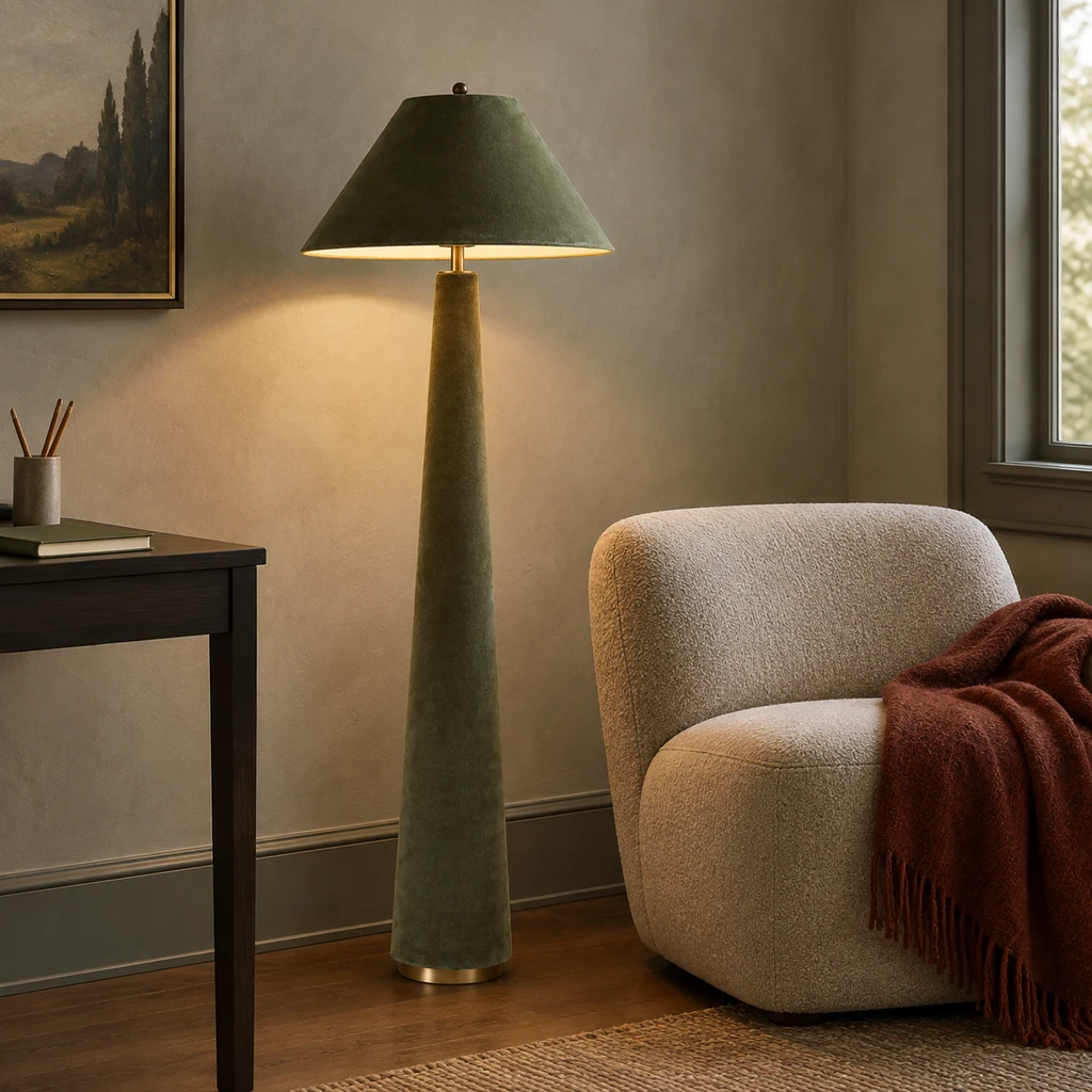 Marlowe velvet floor lamp in a lived-in study