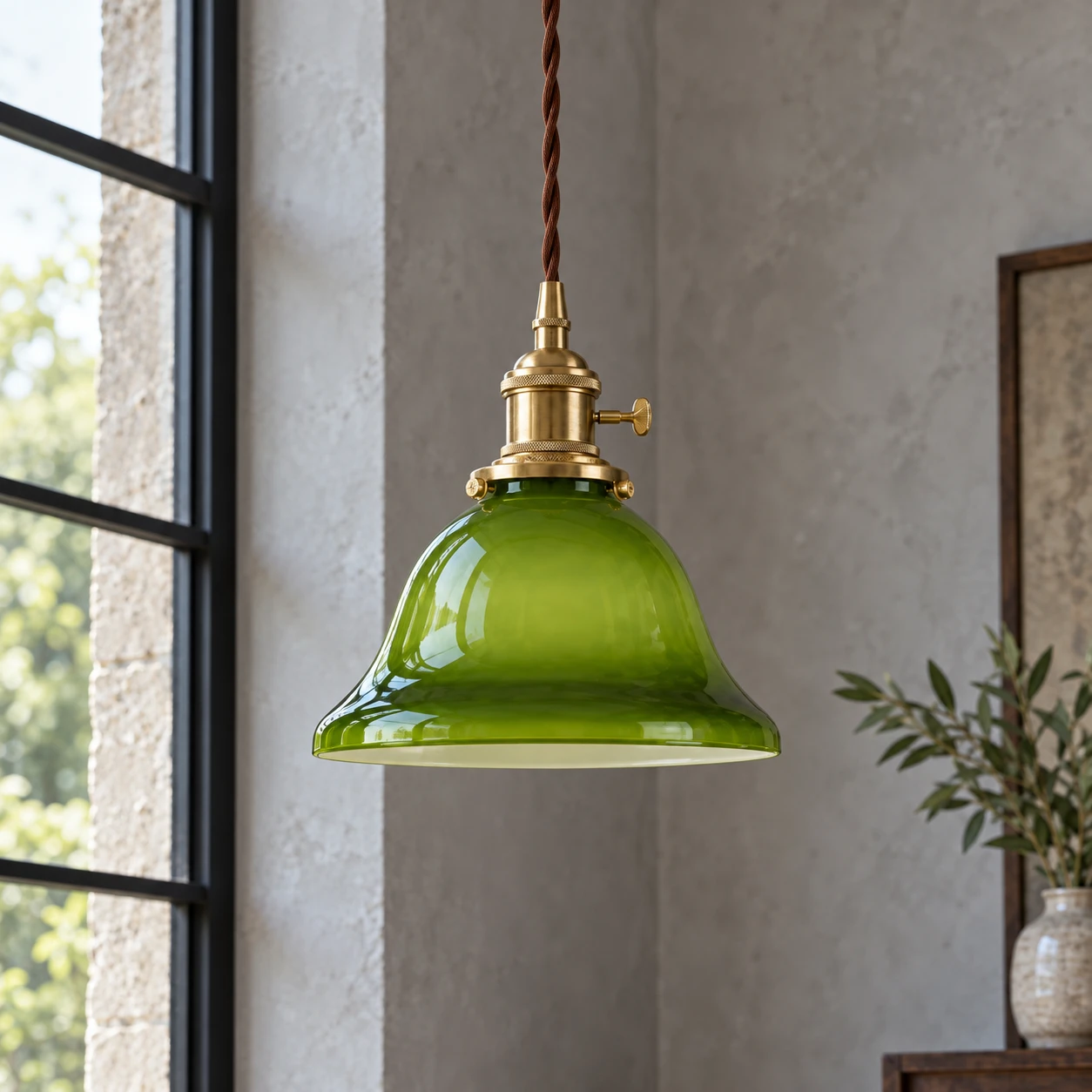 Green glass pendant lamp unlit against cool stone wall