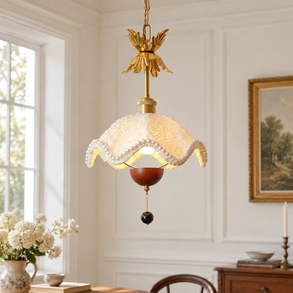 Sophie Floral Fabric Iron Pendant Light installed in a bright interior