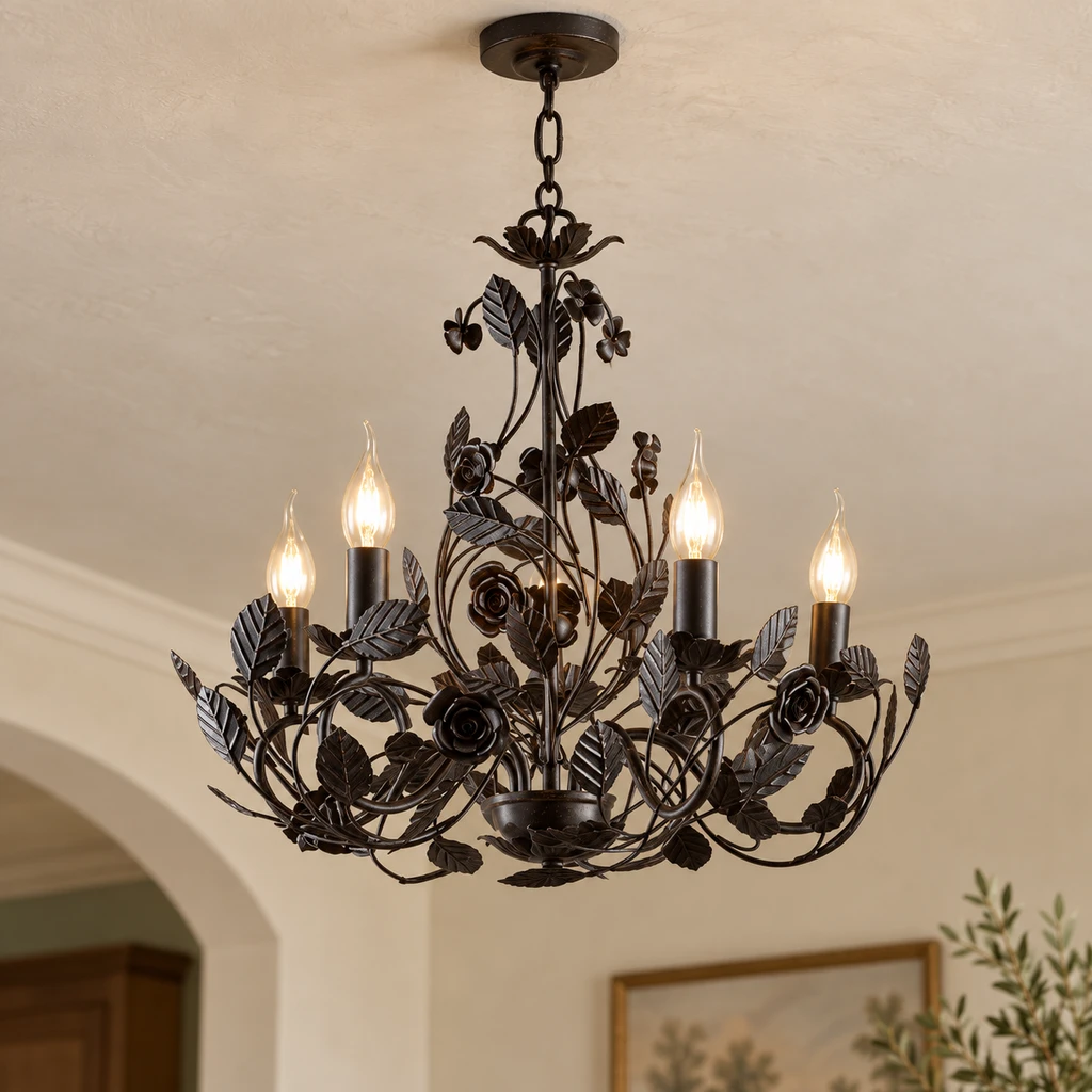 Cleo French rustic leaf metal chandelier centered in a pale architectural interior