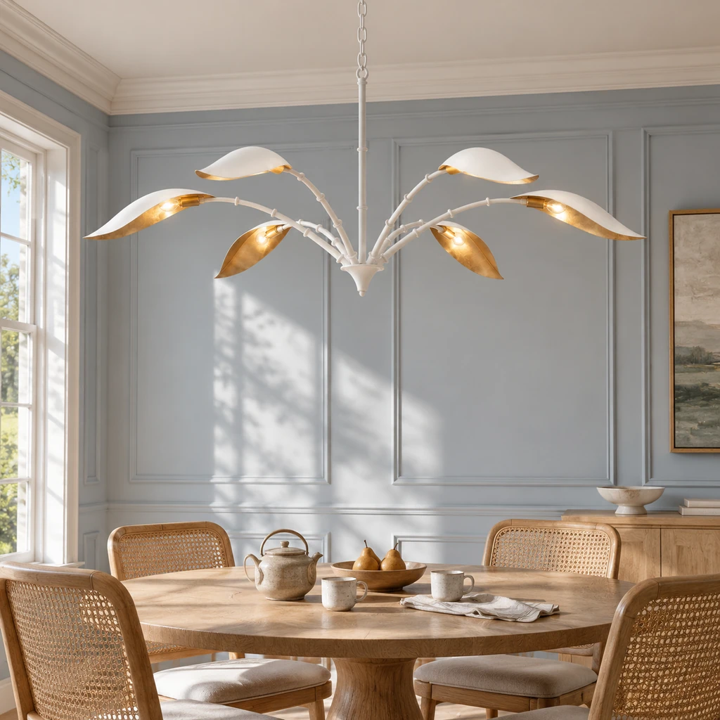 Elowen six-light chandelier above a bright breakfast table