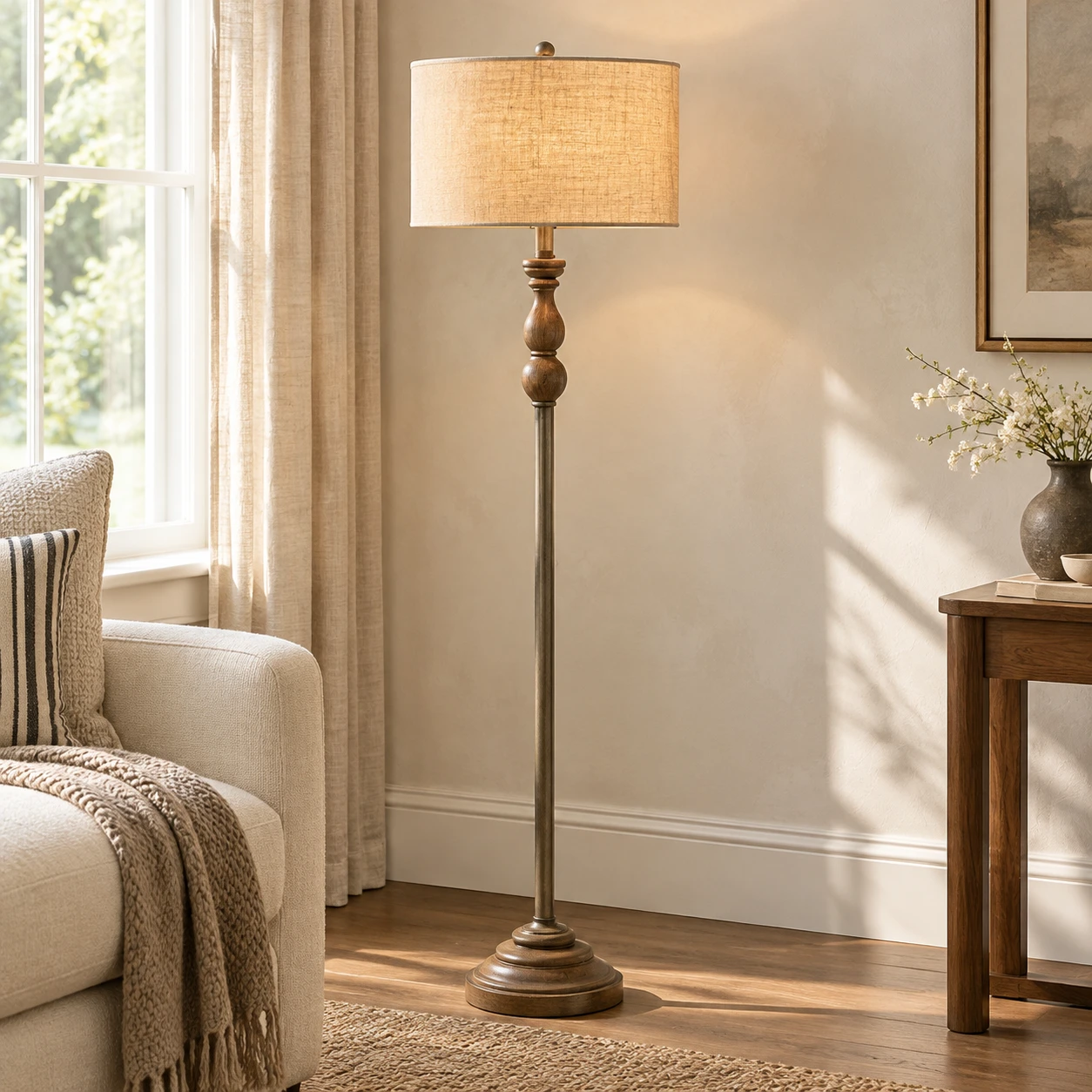 Elara Rustic Turned Wood Iron Floor Lamp — Turned wood floor lamp in a living room corner