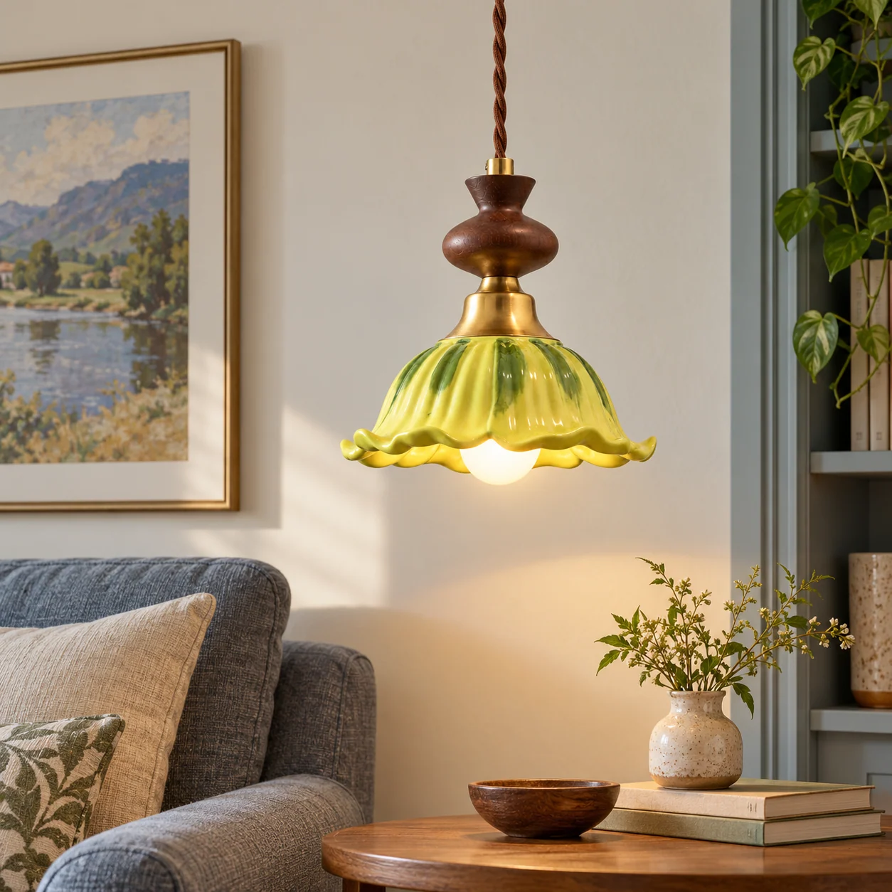 Vintage green ceramic wood pendant in living room