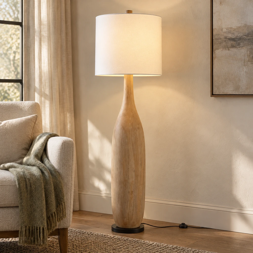 Amelia American Rustic Turned Wood and Fabric Floor Lamp, Natural Wood - 45 cm wide x 160 cm high, core product view in a restrained interior