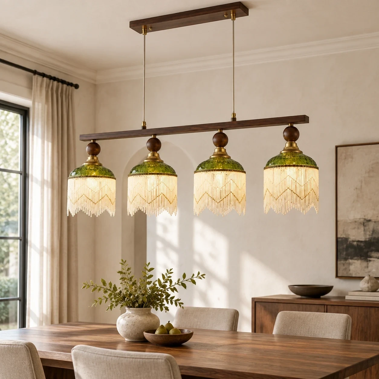Wushlp Vintage Four-Light Green Glass Linear Pendant Light above a dining table