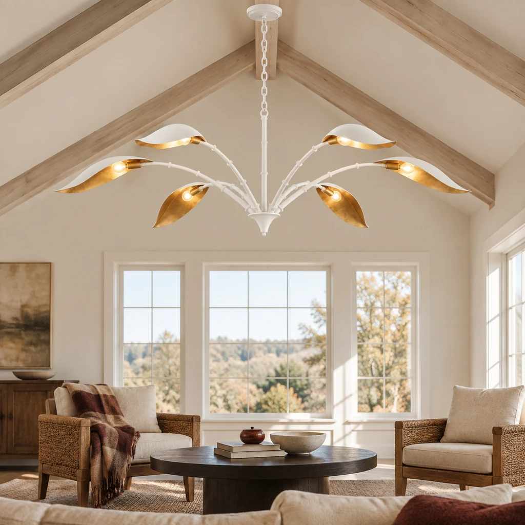 Elowen white and gold chandelier in a vaulted sitting room