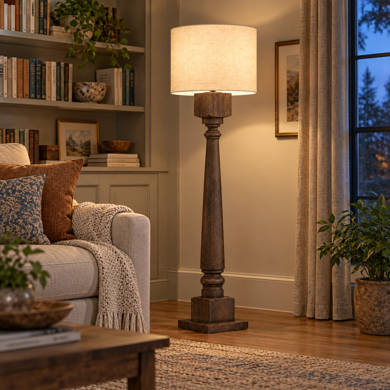 Dark Wood carved wood floor lamp in family den