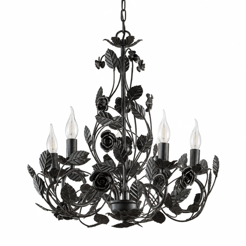 Cleo antique-black leaf chandelier on white