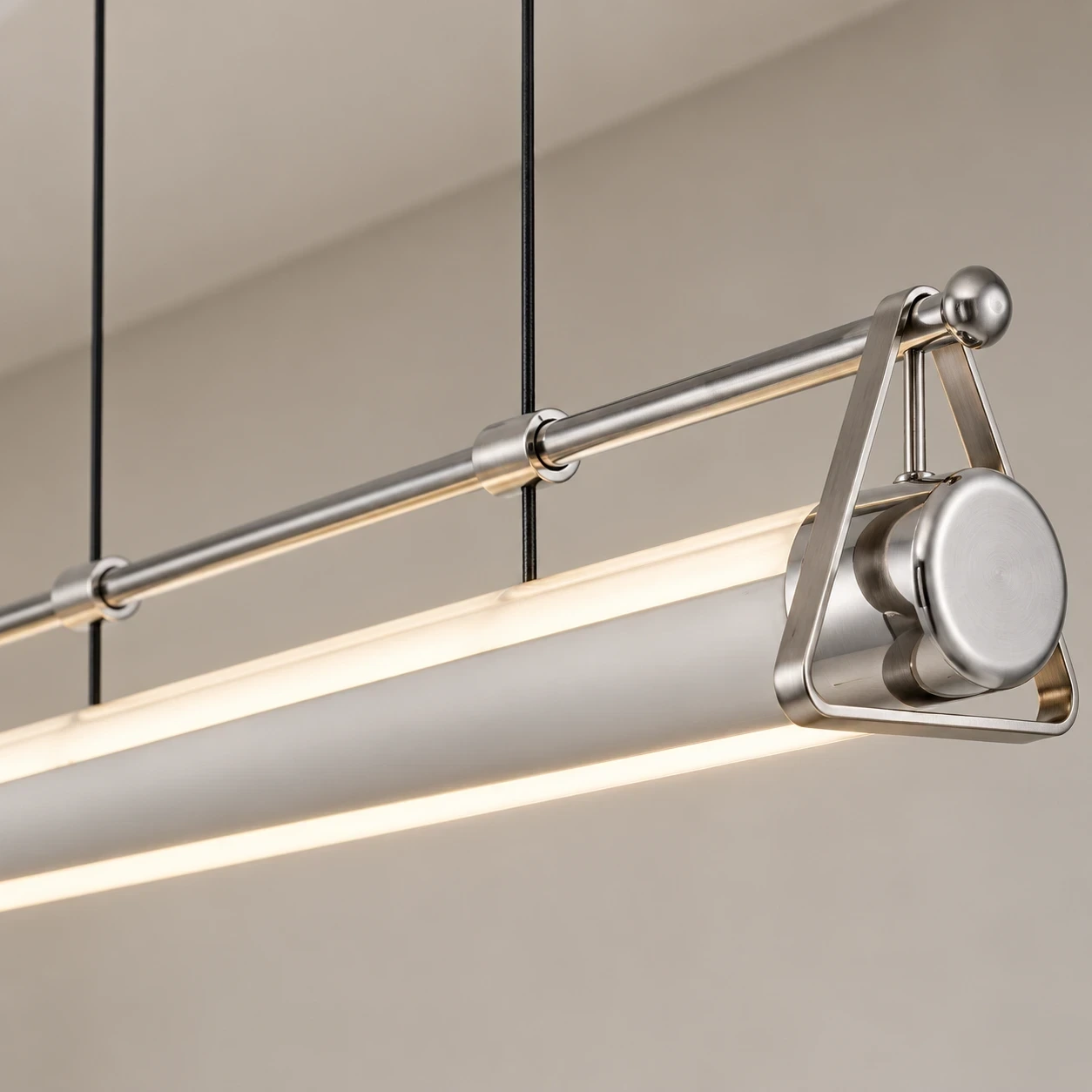 Close view of Fengshan Bauhaus Geometric Aluminum Linear Pendant Light brushed-nickel diffuser and aluminum rail