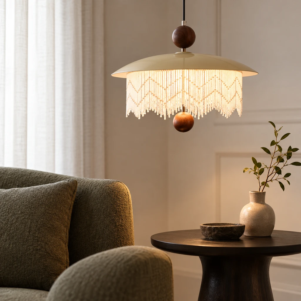 Bianca pendant light above a muted lounge corner