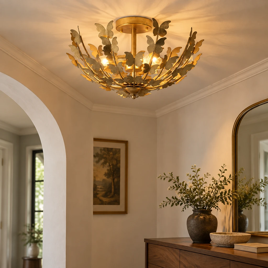 Elena butterfly ceiling light over a dressing console