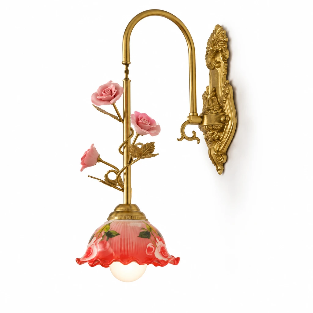Odette floral brass ceramic wall sconce on a clean white background