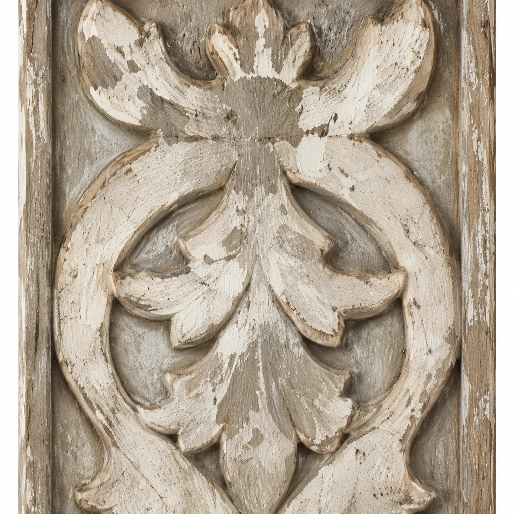 Close detail of the distressed carved fir wood relief