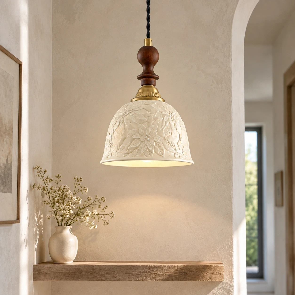 Wushlp Vintage Embossed Ceramic and Solid-Wood Pendant Light in a bright hallway