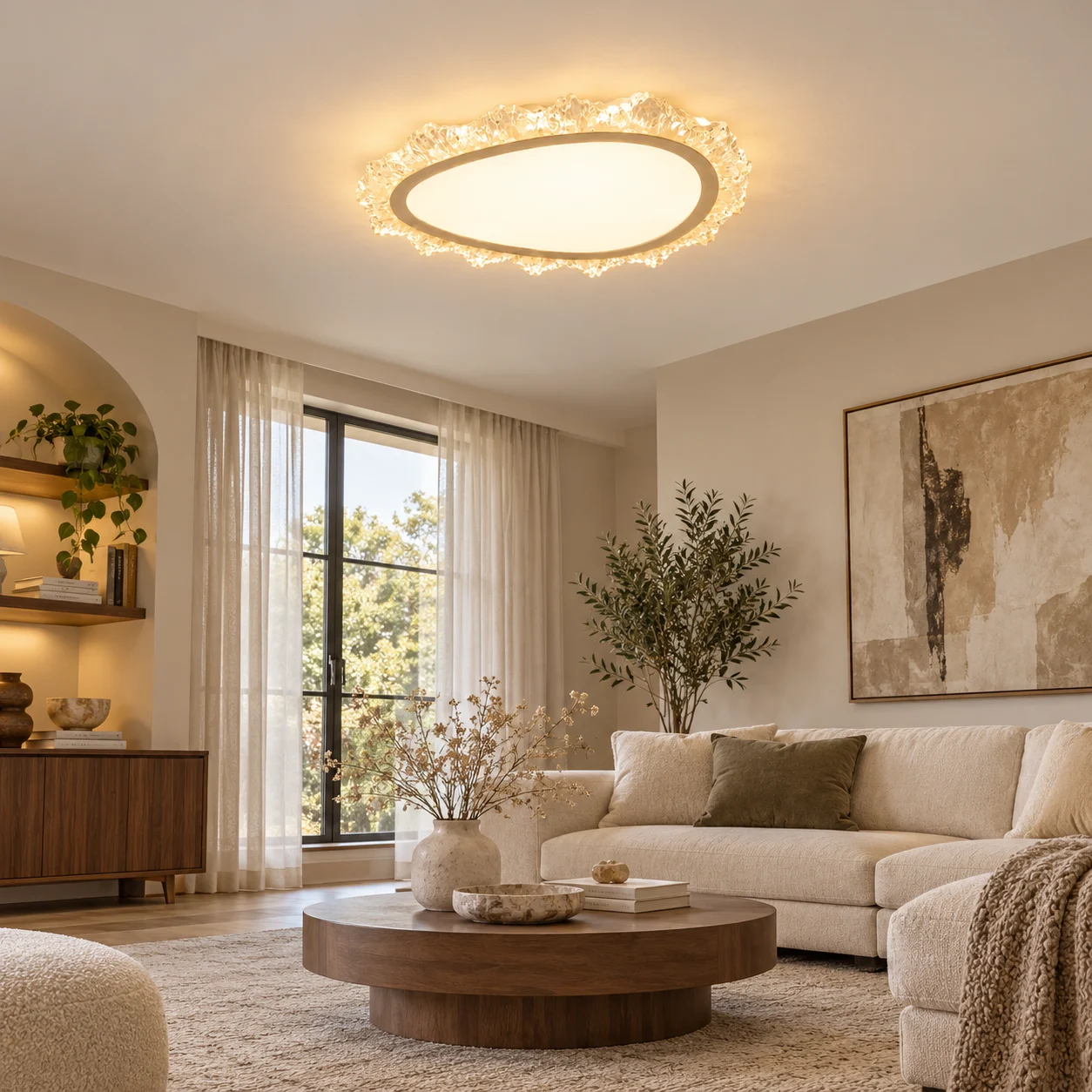 Aurora flush mount above a soft modern living room at correct scale