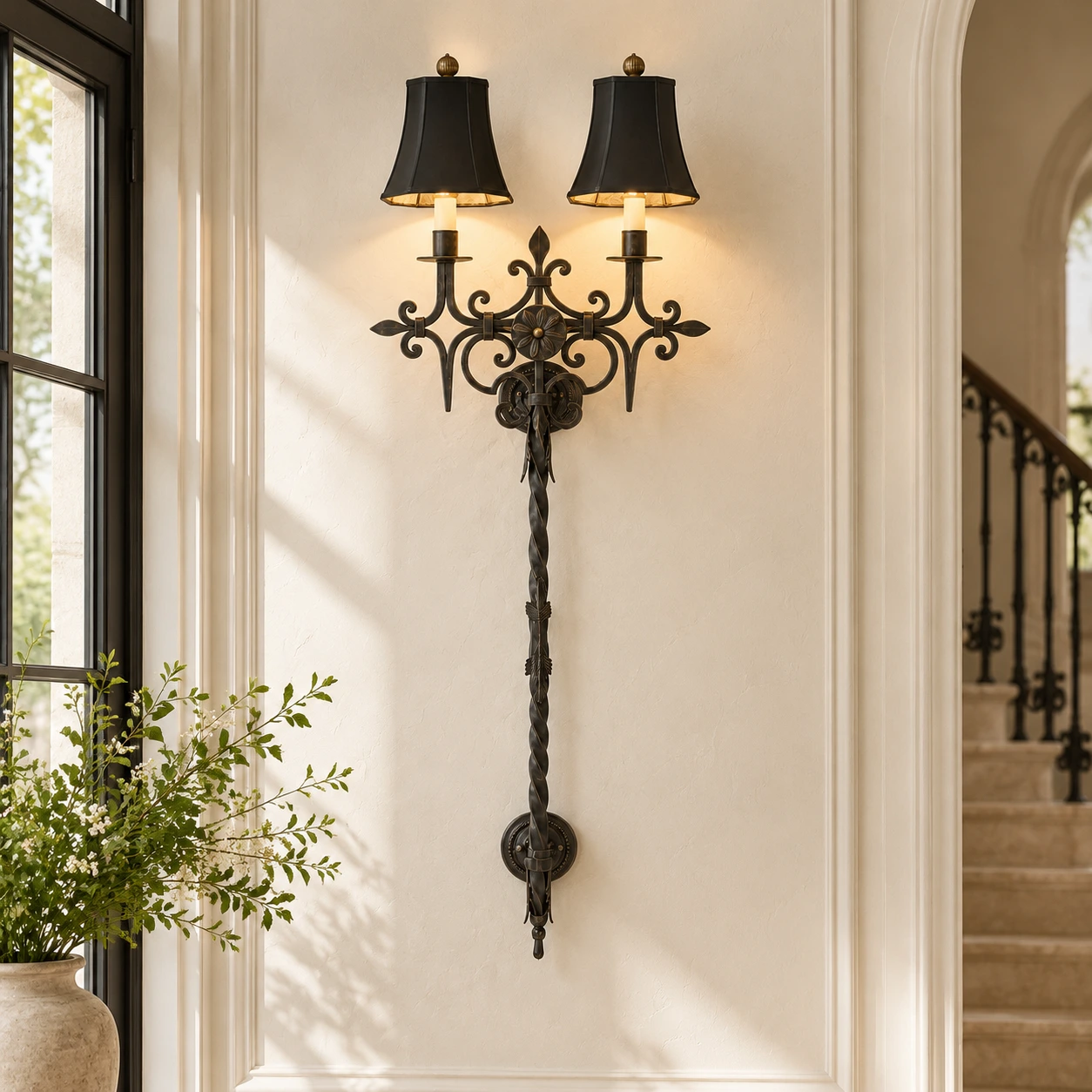 Wall sconce in a double-height entry
