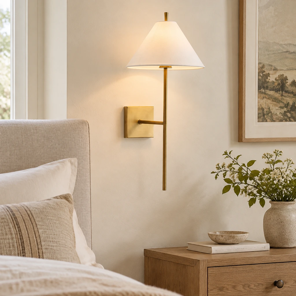 Marcel antique brass long-stem wall sconce beside a bed