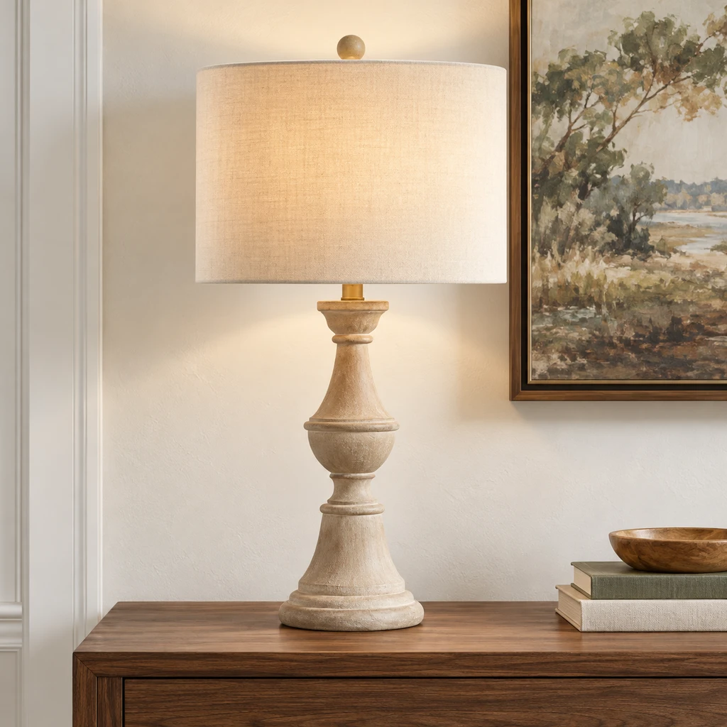 Elena American Vintage Carved Wood and Fabric Table Lamp, Aged Wood, core product view in a restrained interior
