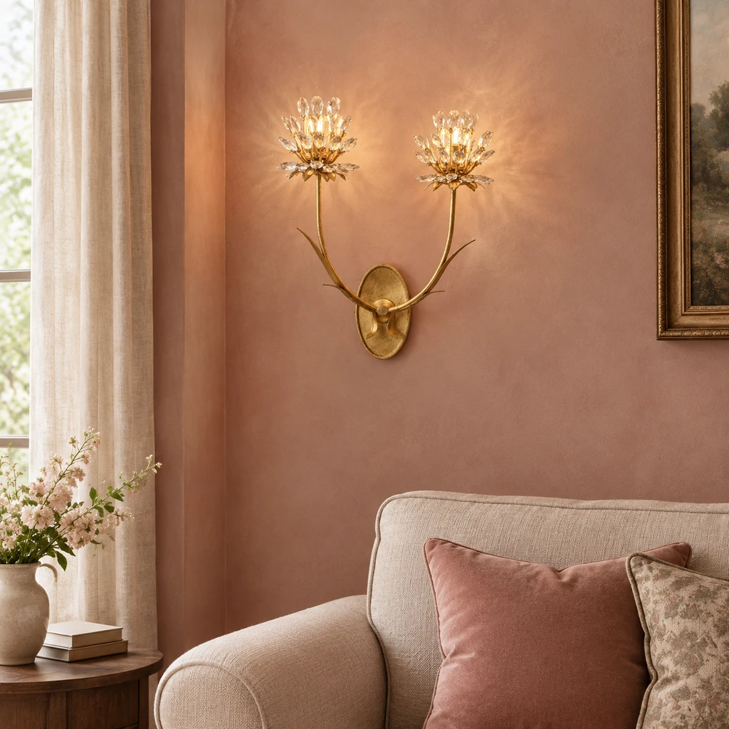Aria crystal flower wall light in a quiet living alcove