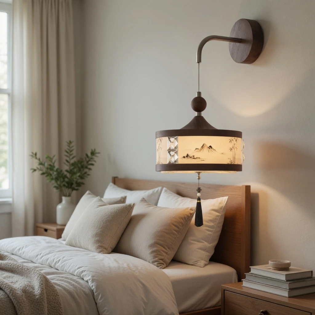 Complete bedroom scene with the wall sconce fully visible beside the bed