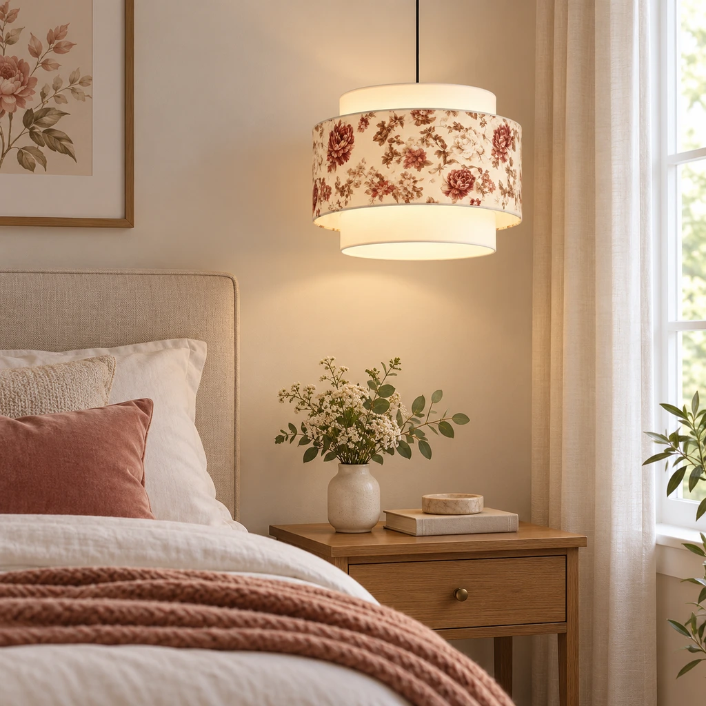 Mina Chinese Vintage Printed Iron Wood Fabric Pendant Light beside a bed