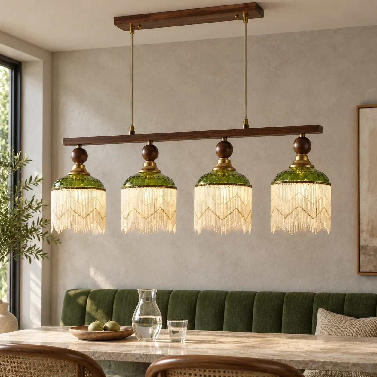 Wushlp Vintage Four-Light Green Glass Linear Pendant Light in a bedroom