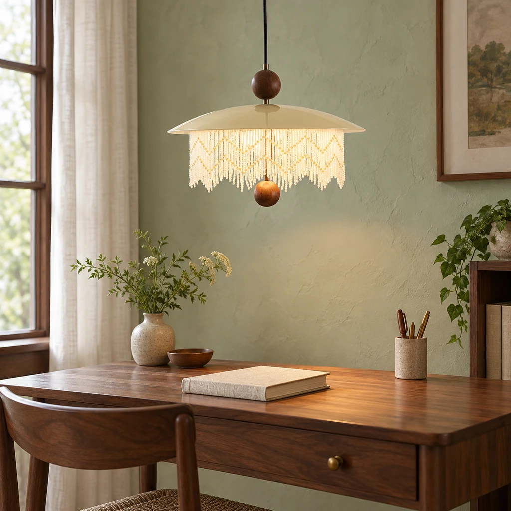 Bianca wood pendant light above a compact study