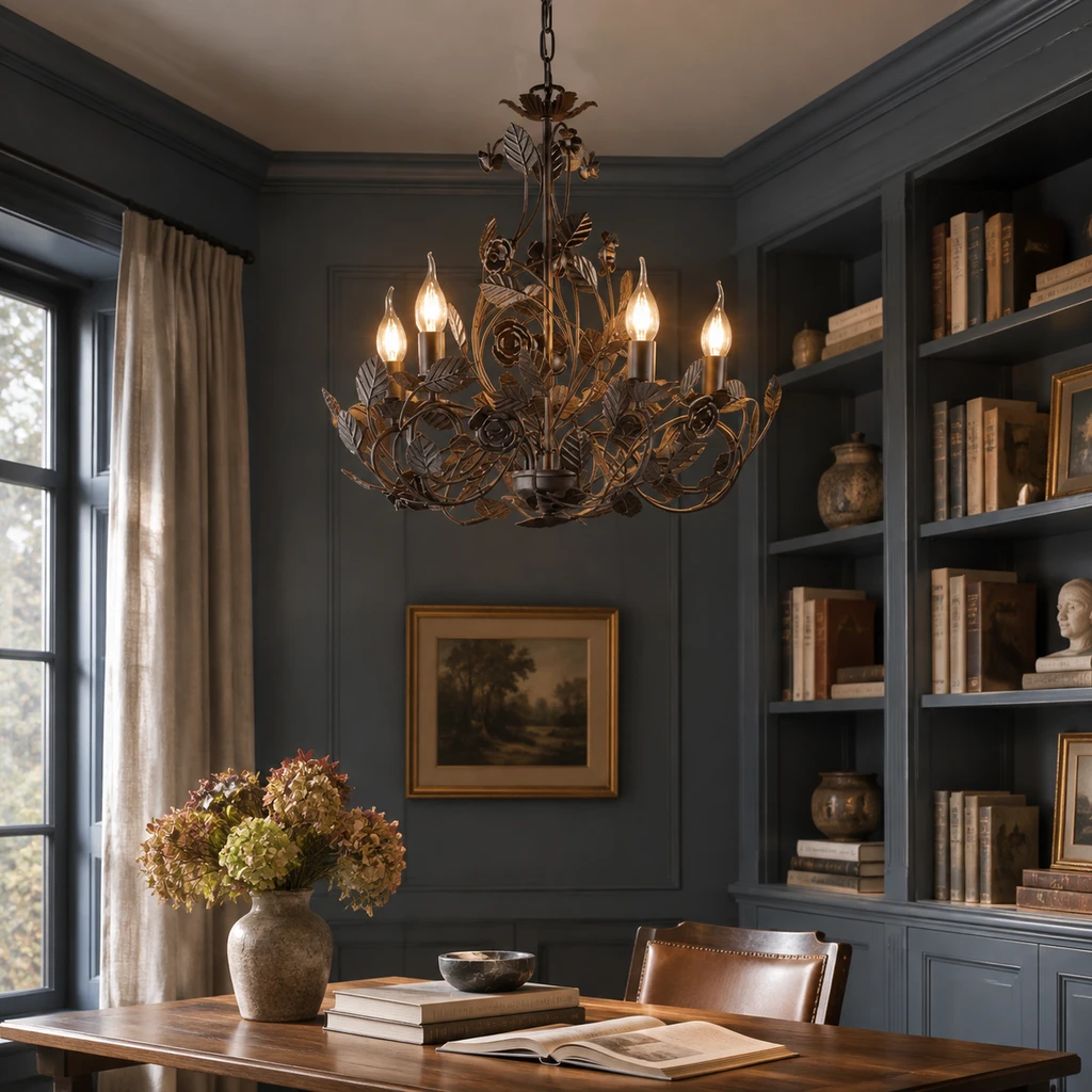 Cleo leaf chandelier in a home library