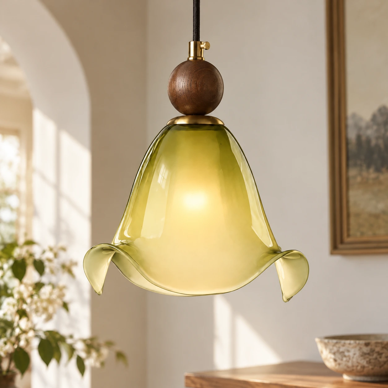 Finn Vintage Floral Walnut Wood and Metal Pendant Light - generated image 1