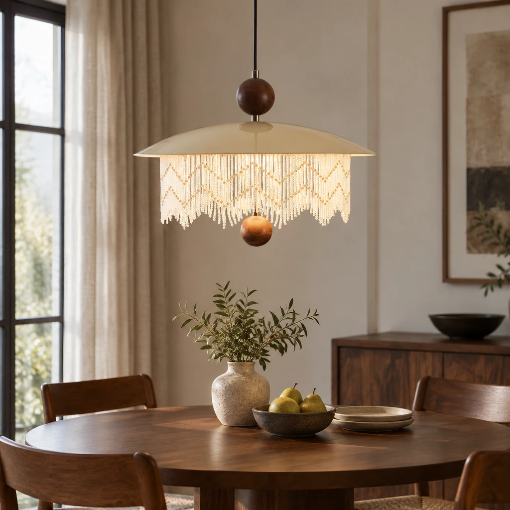 Bianca fringe pendant light above a walnut dining table