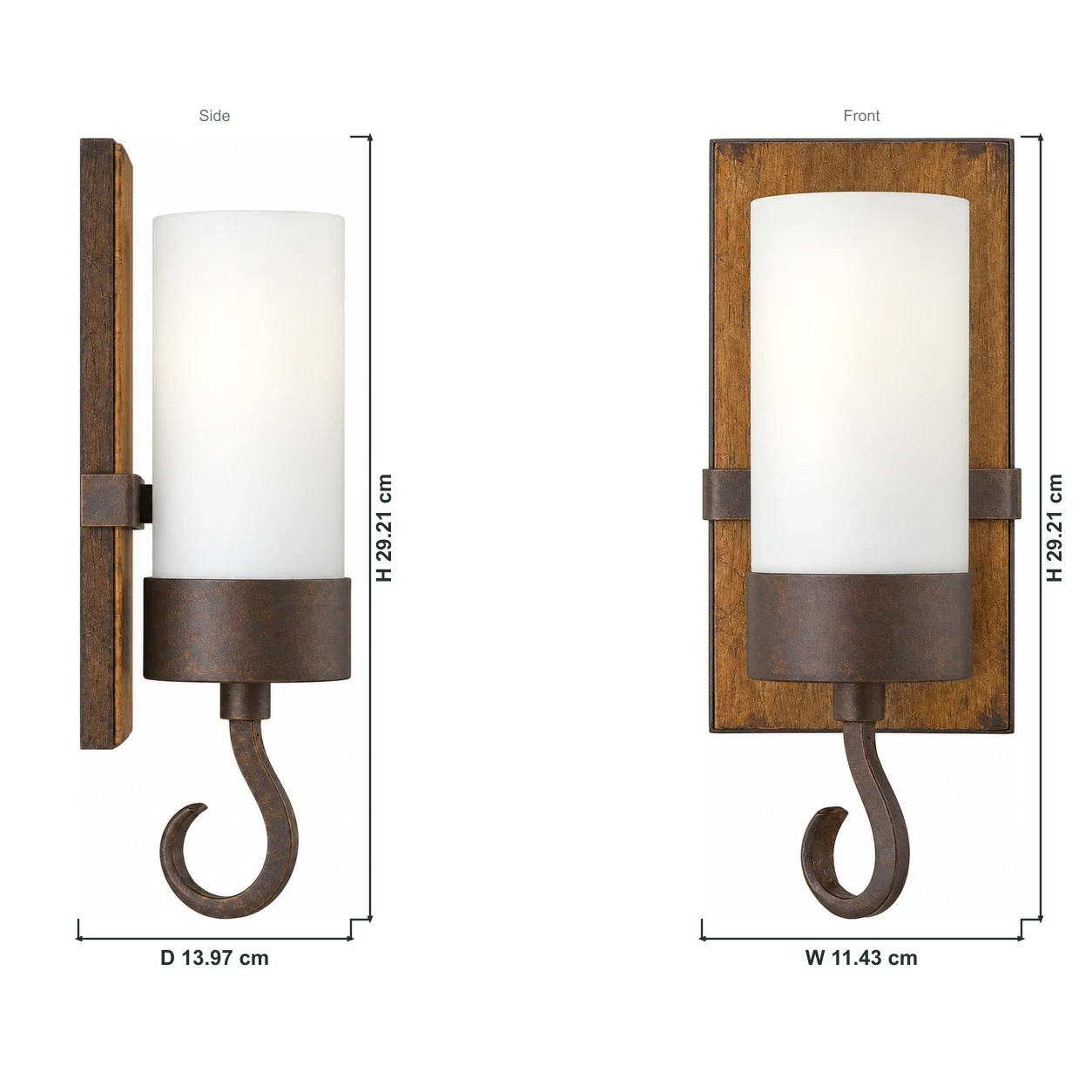Wren wall sconce dimensions H 29.21 × W 11.43 × D 13.97 cm with outline-connected dimension lines